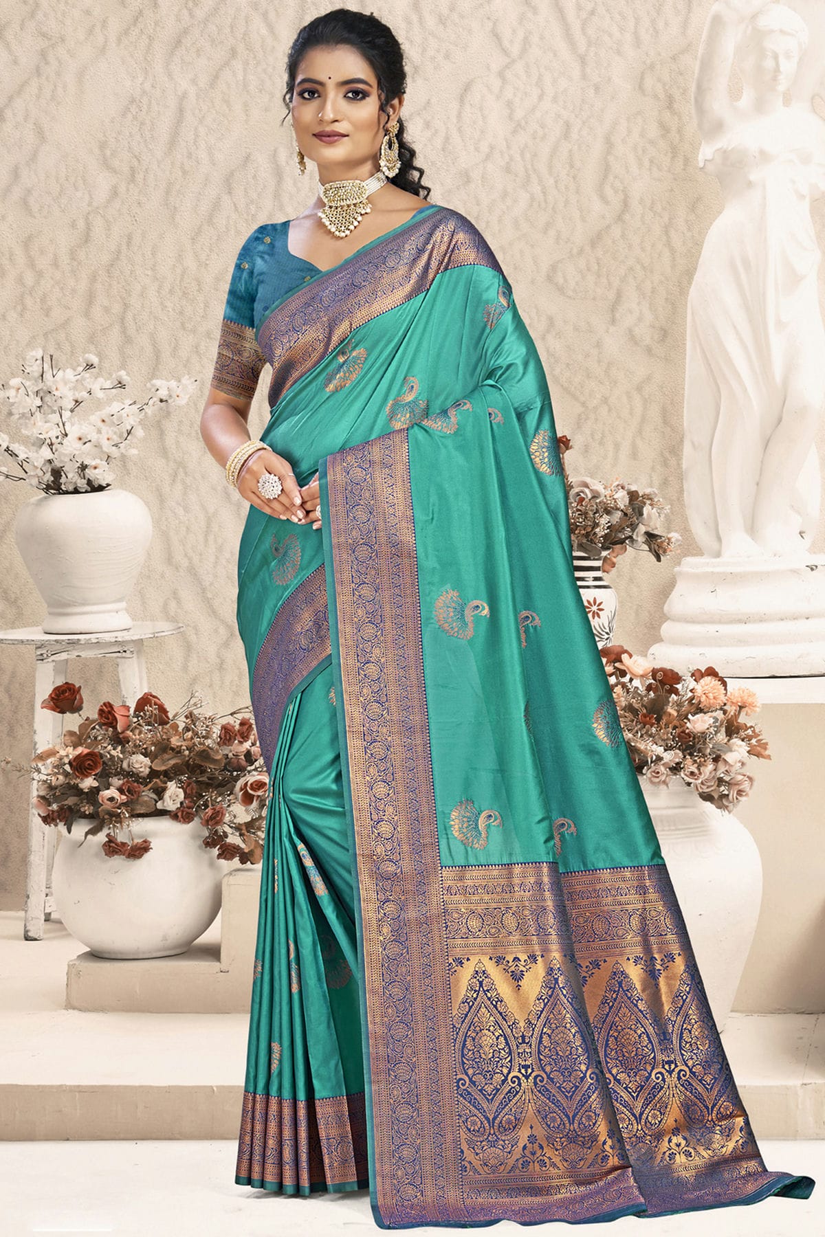 Sky Blue Colour Silk Woven Work Traditional Saree