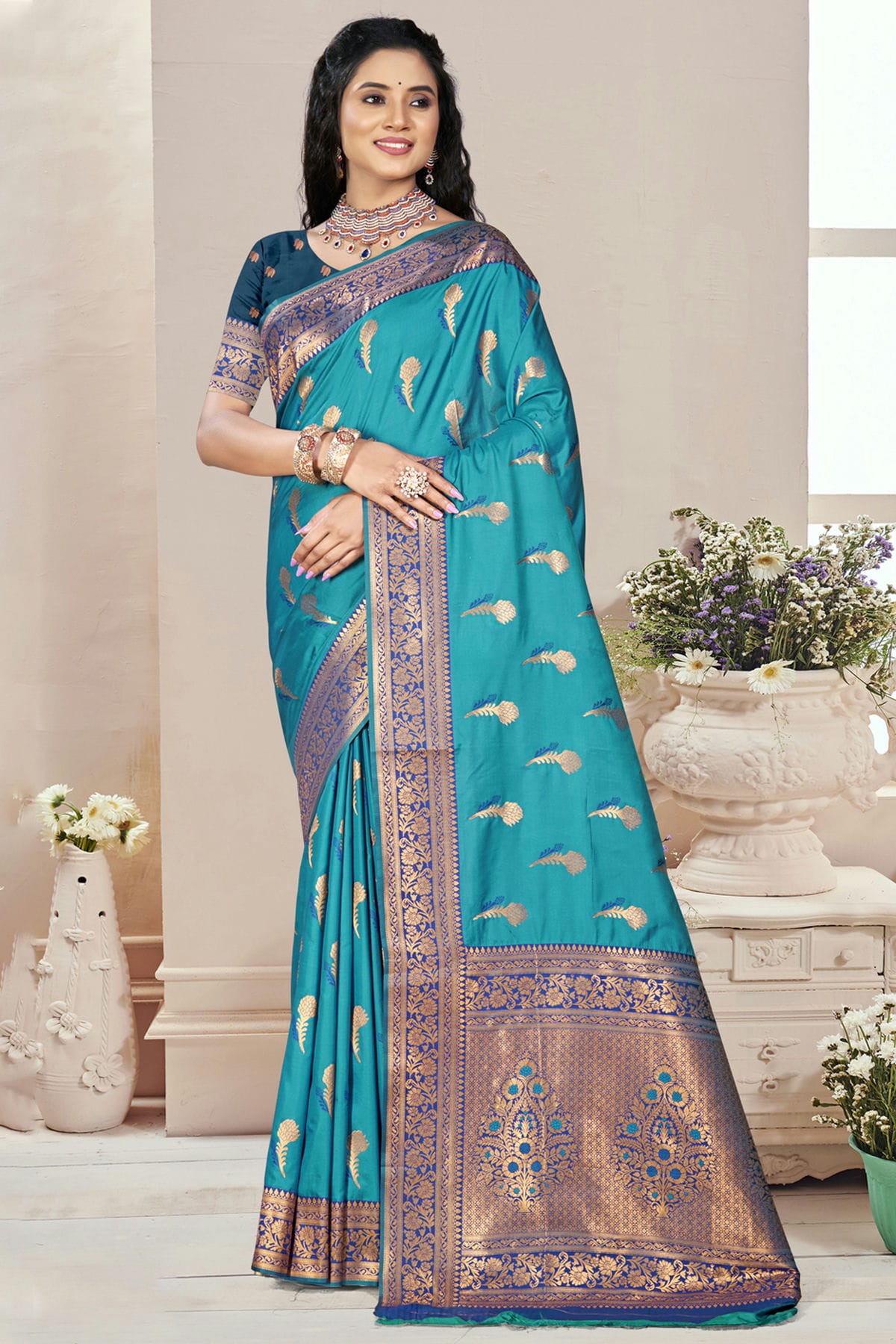Sky Blue Colour Silk Woven Work Traditional Saree