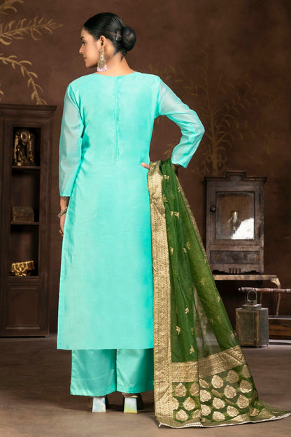 Sky Blue Colour Unstitched Organza Plazzo Pant Suit VSUS1160841