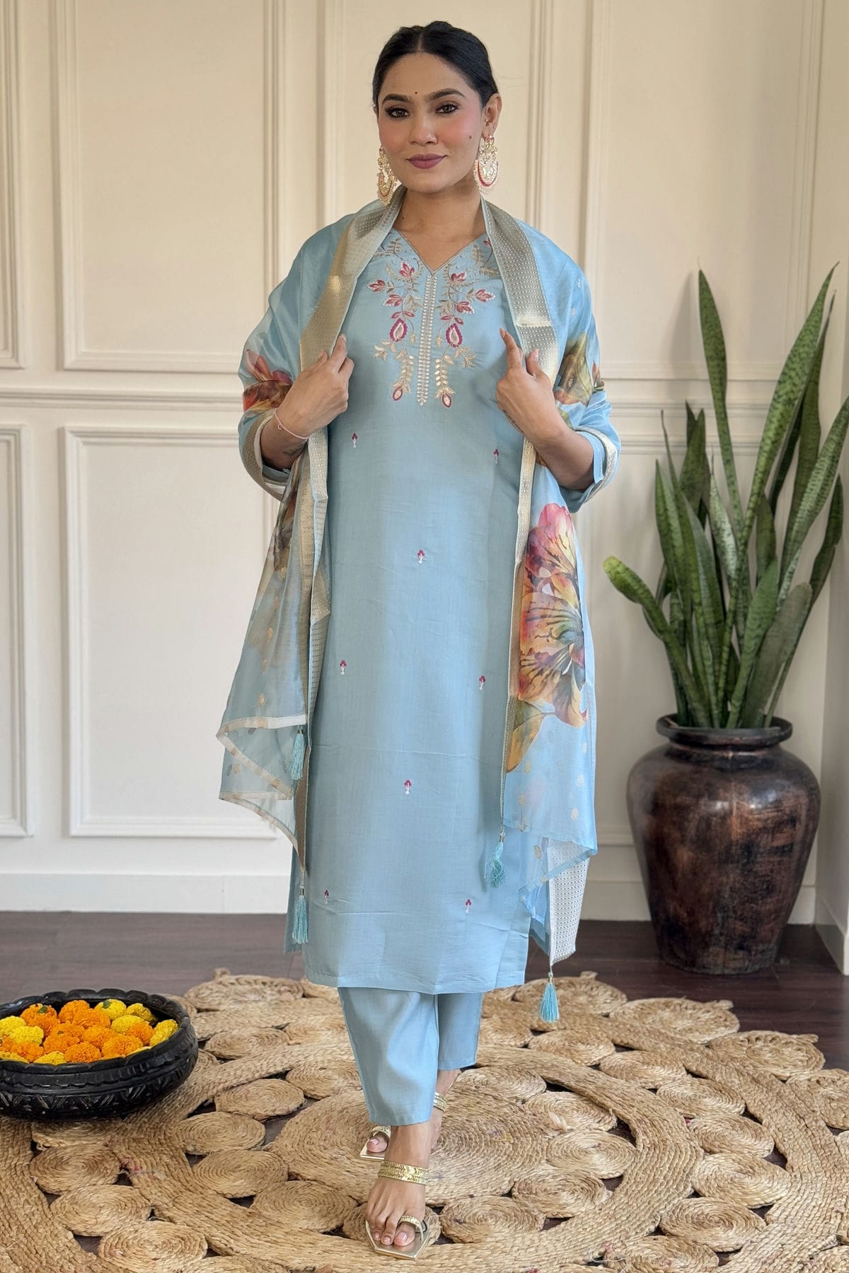 Sky Blue Colour Viscose Chanderi Stitched Salwar Suit