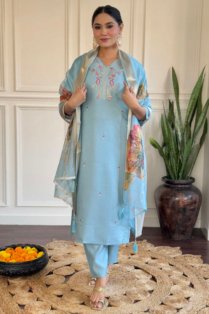 Sky Blue Colour Viscose Chanderi Stitched Salwar Suit