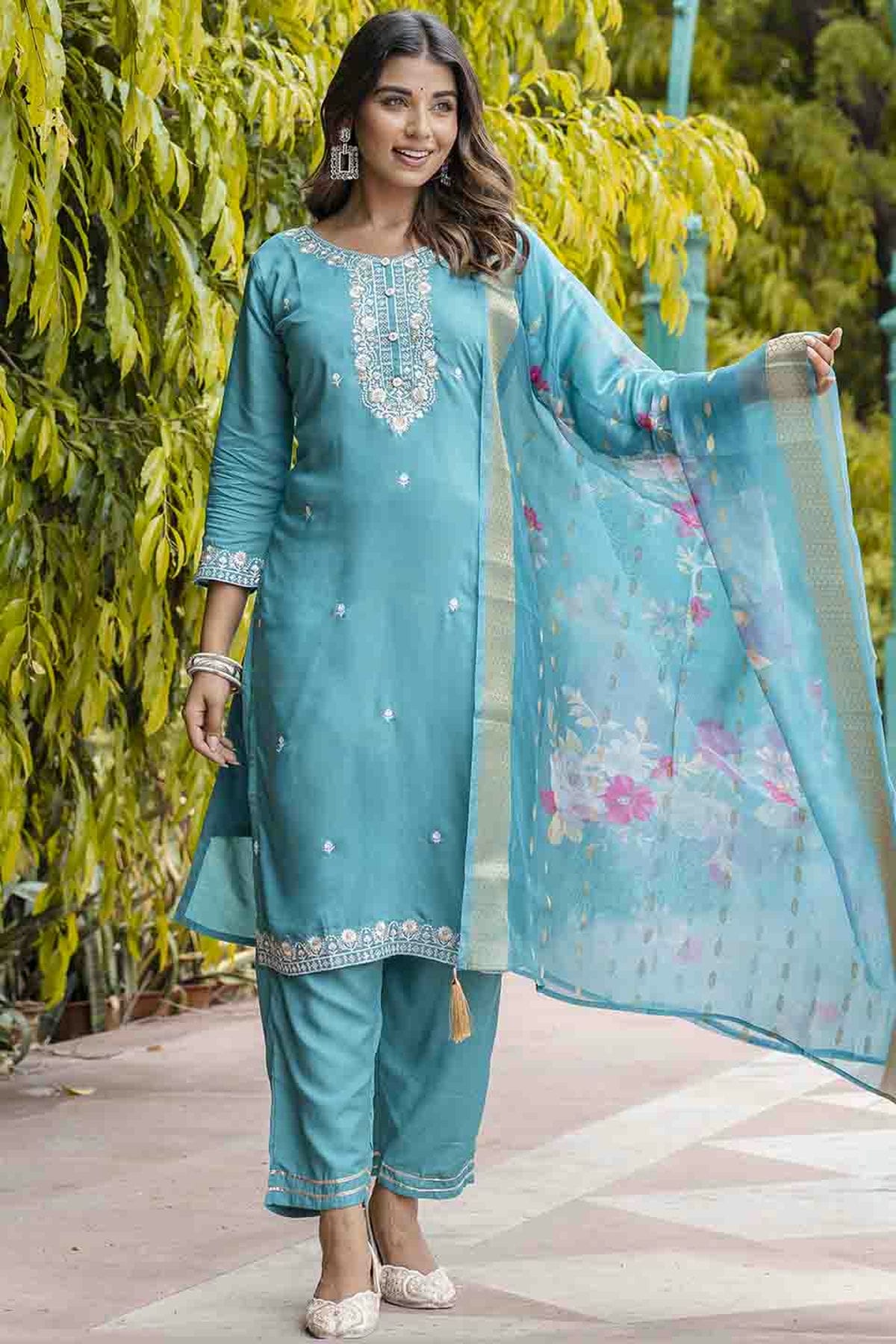 Sky Blue Colour Viscose Roman Silk Stitched Pant Style Suit VSSS1113901