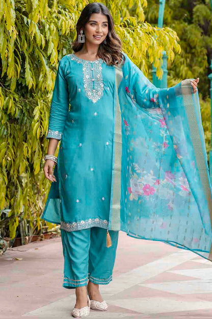 Sky Blue Colour Viscose Roman Silk Stitched Pant Style Suit VSSS1113901