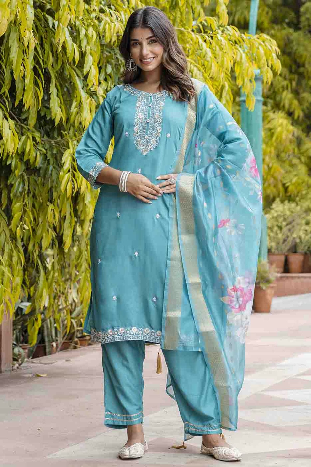Sky Blue Colour Viscose Roman Silk Stitched Pant Style Suit VSSS1113901