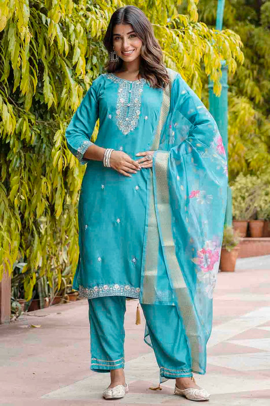 Sky Blue Colour Viscose Roman Silk Stitched Pant Style Suit VSSS1113901