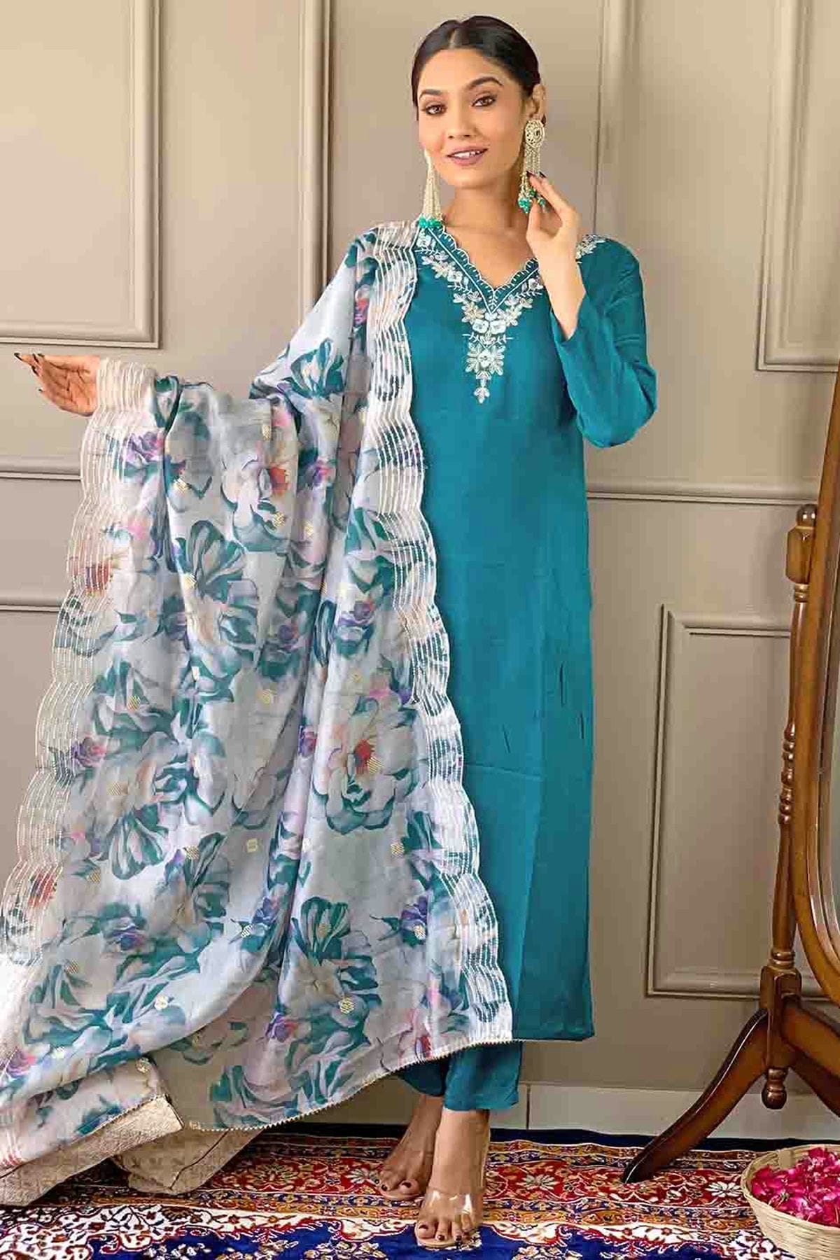 Sky Blue Colour Viscose Stitched Pant Style Suit VSSS1113781