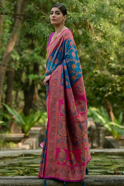 Sky Blue Colour Woven Work Pashmina Silk Saree