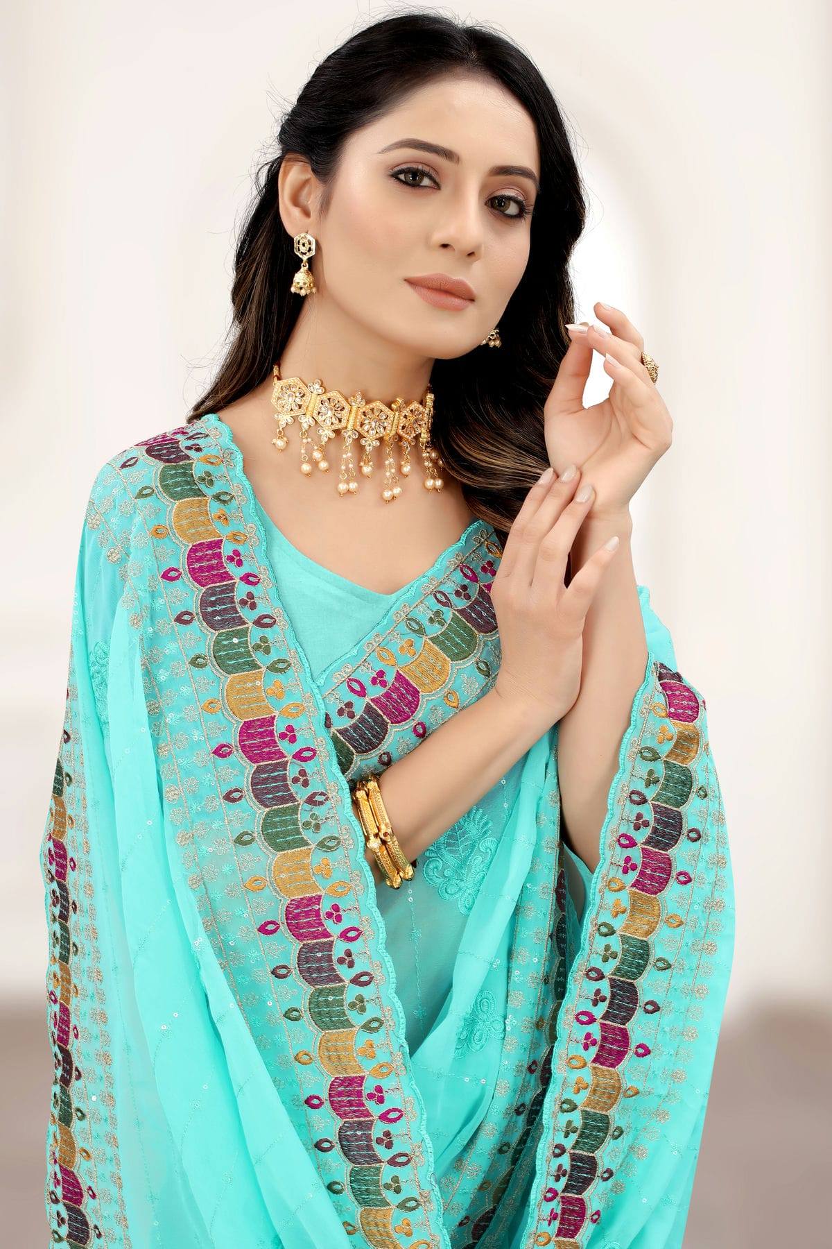 Sky Blue Colour Georgette Saree