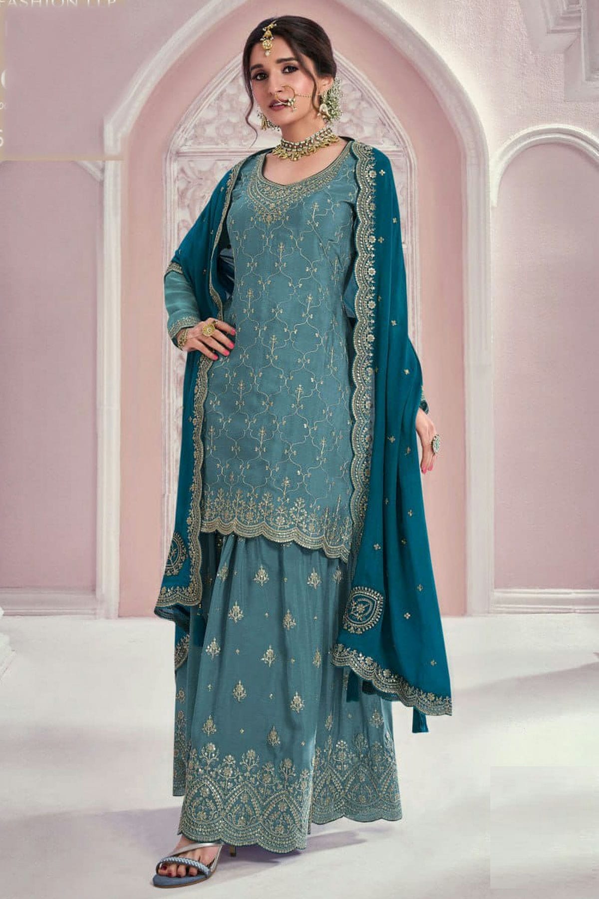 Slate Blue Colour Chinon Palazzo Pant Suit