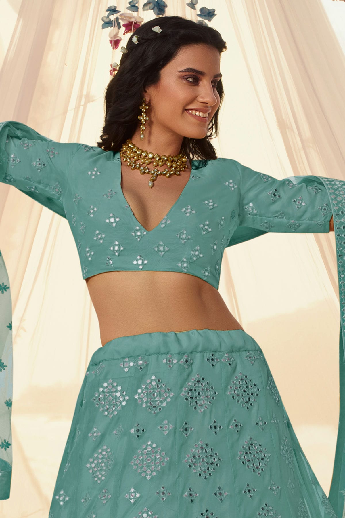 Slate Blue Colour Embroidery Organza Lehenga Choli VSLD1080694