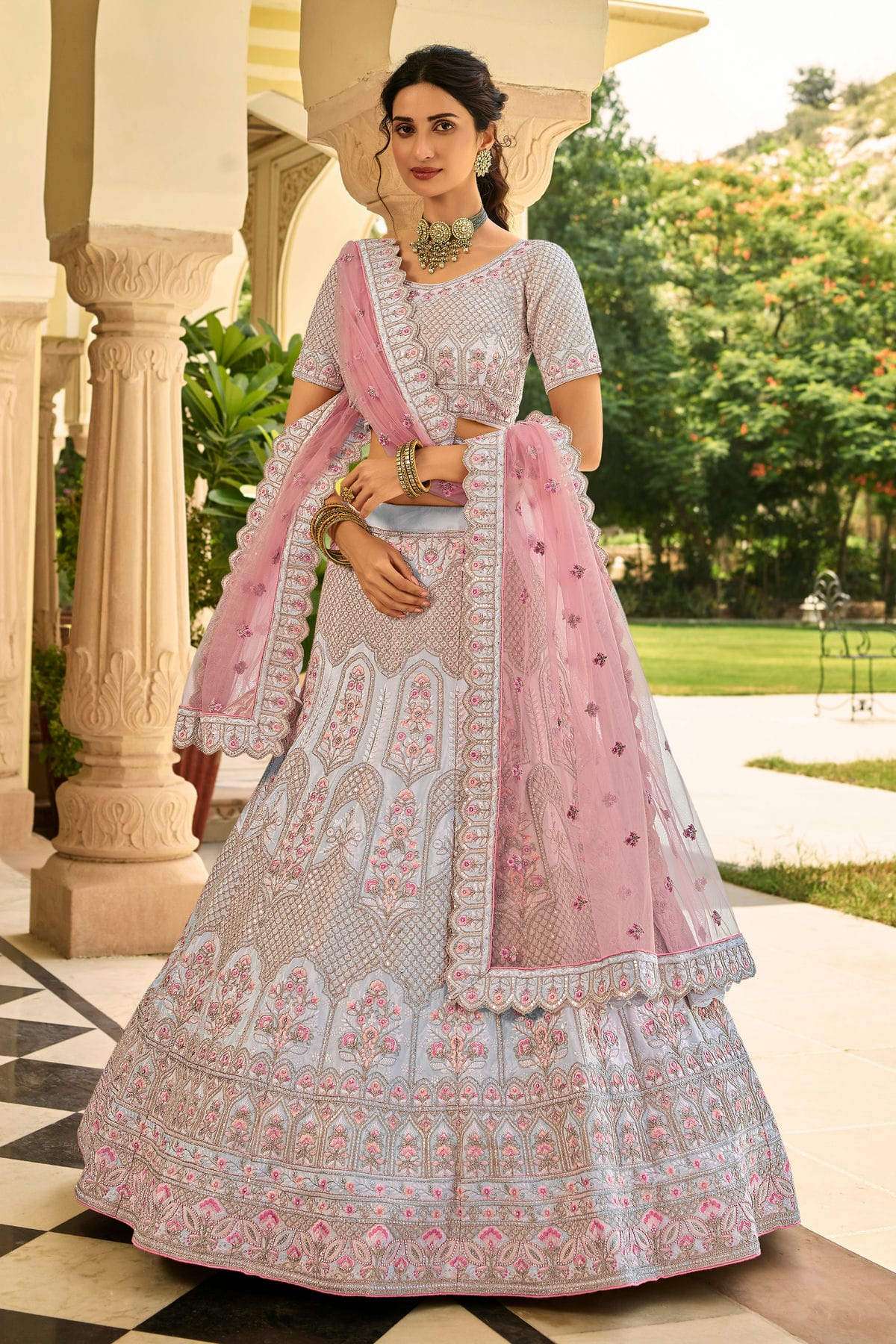 Slate Blue Colour Embroidery Organza Lehenga Choli VSLD1080818