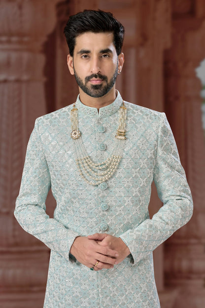 Slate Blue Colour Jacquard Sherwani VSSH1040577