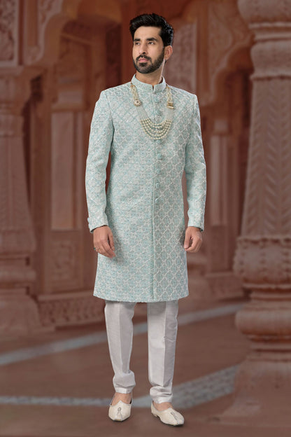 Slate Blue Colour Jacquard Sherwani VSSH1040577