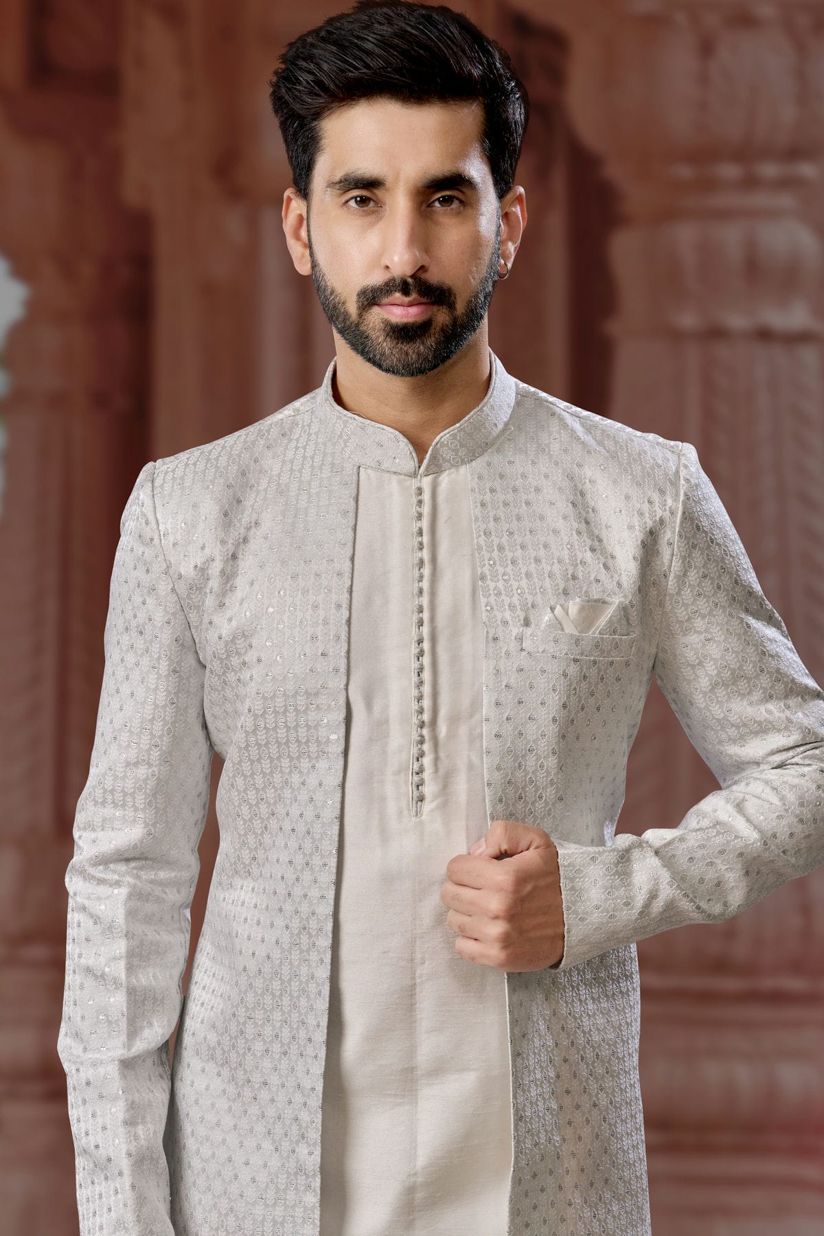 Slate Blue Colour Jacquard and Silk Dhupion Sherwani VSSH1040572