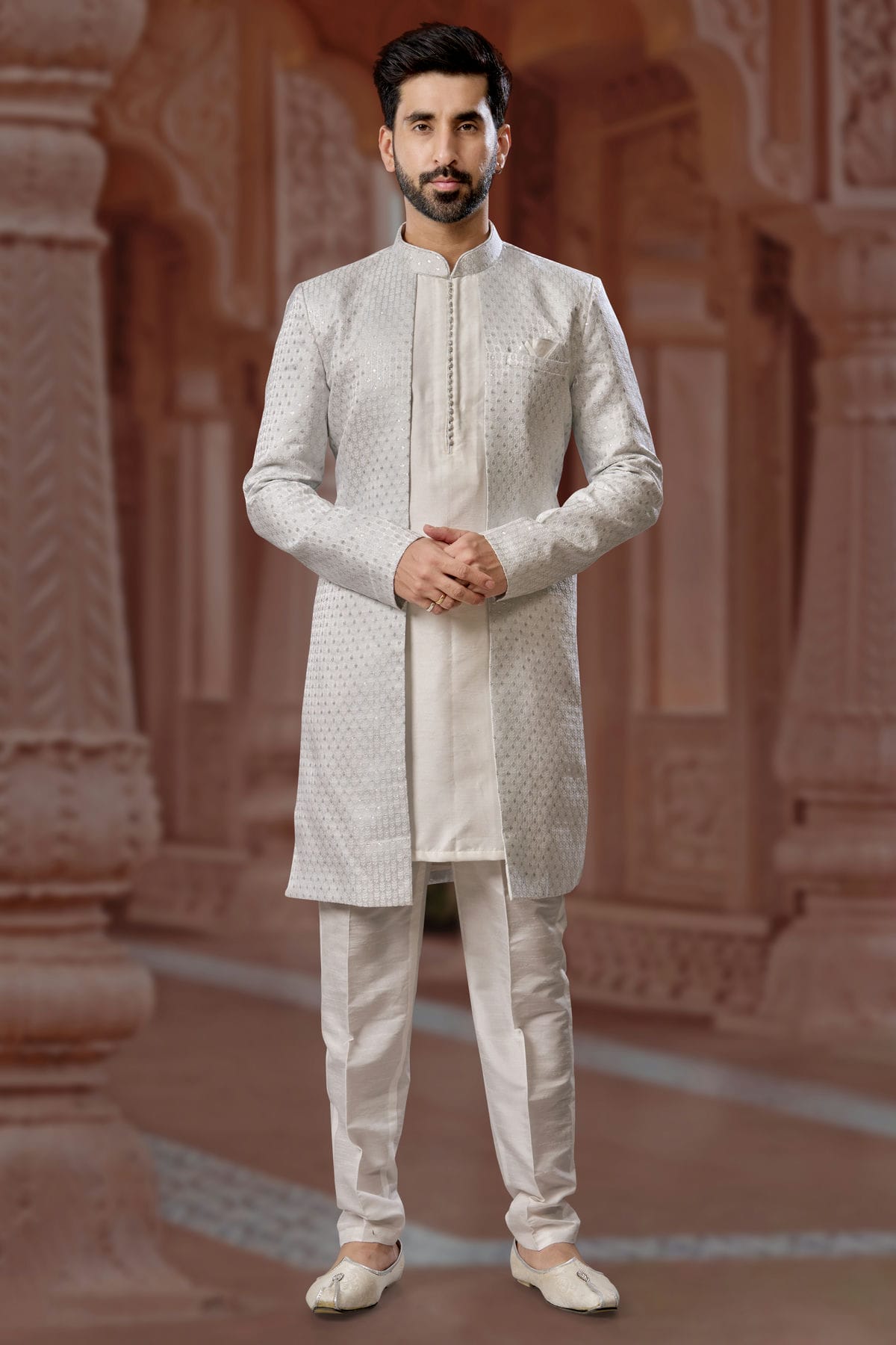 Slate Blue Colour Jacquard and Silk Dhupion Sherwani VSSH1040572