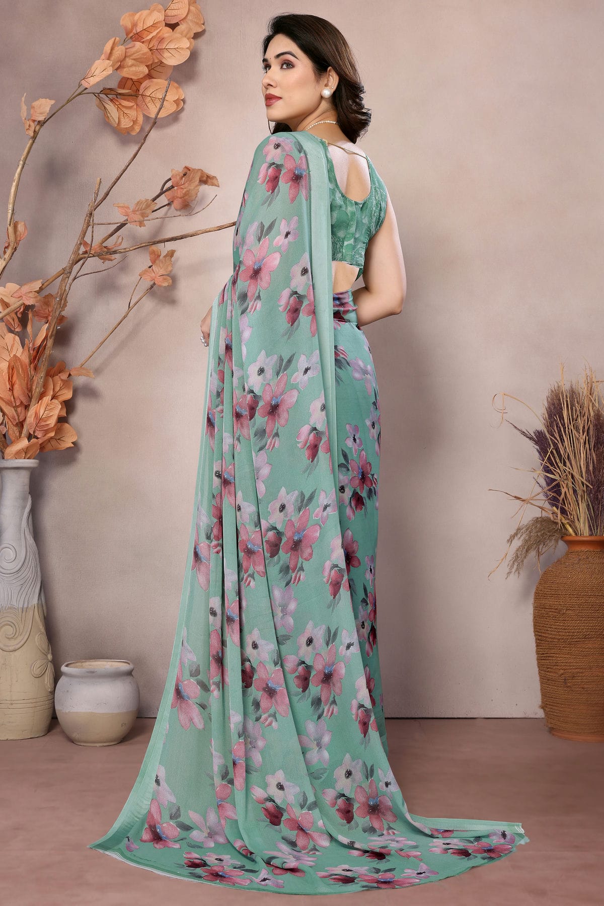 Slate Blue Colour Moss Satin Saree VSSD1180156