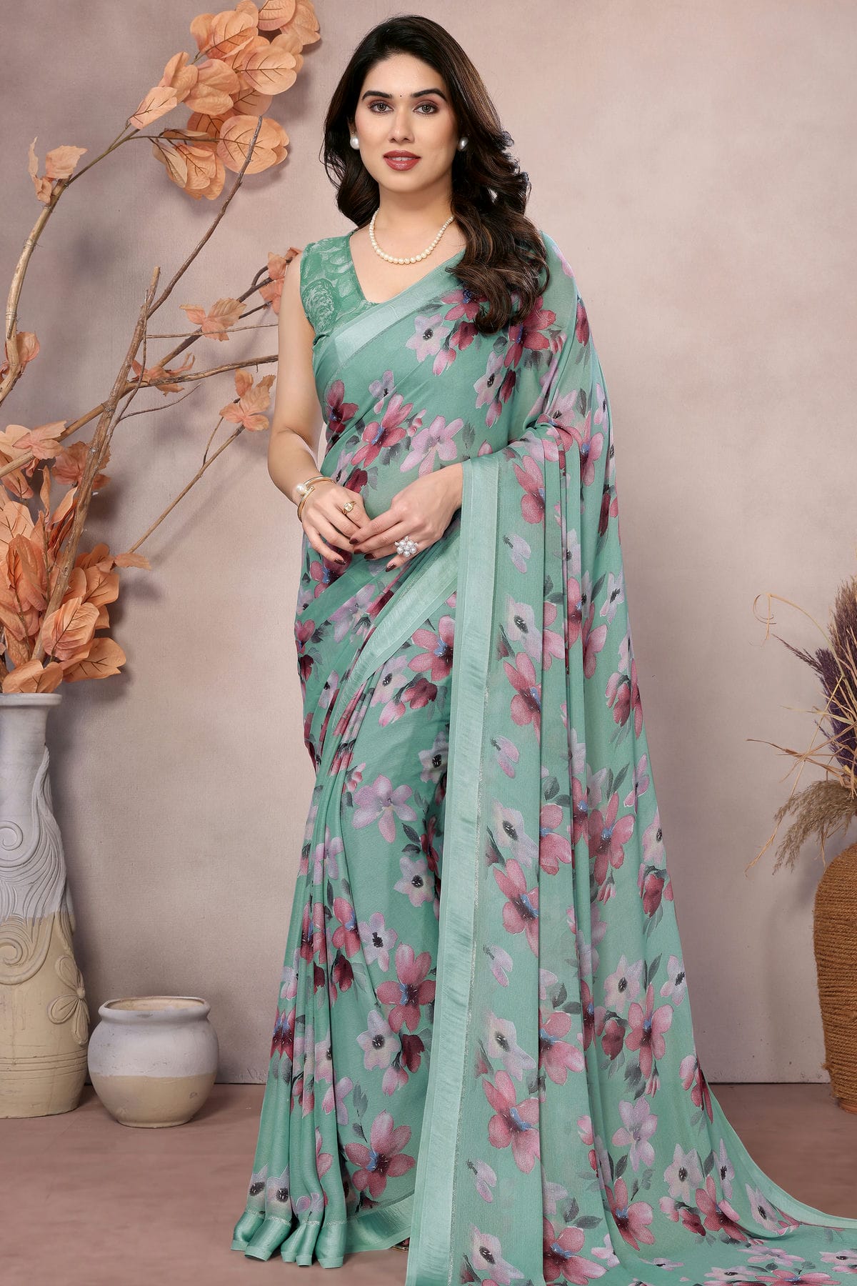 Slate Blue Colour Moss Satin Saree
