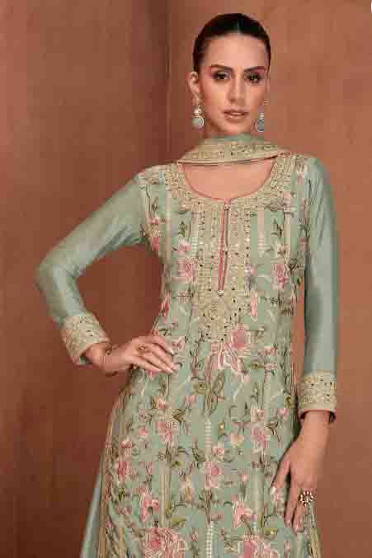 Slate Blue Colour Semi Stitched Chinon Palazzo Pant Suit VSSM1140651