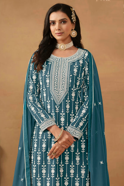 Slate Blue Colour Semi Stitched Faux Georgette Sharara Suit VSSM1050455