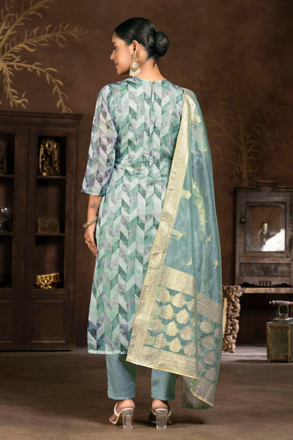 Slate Blue Colour Unstitched Organza Jacquard Pant Style Suit VSUS1161330