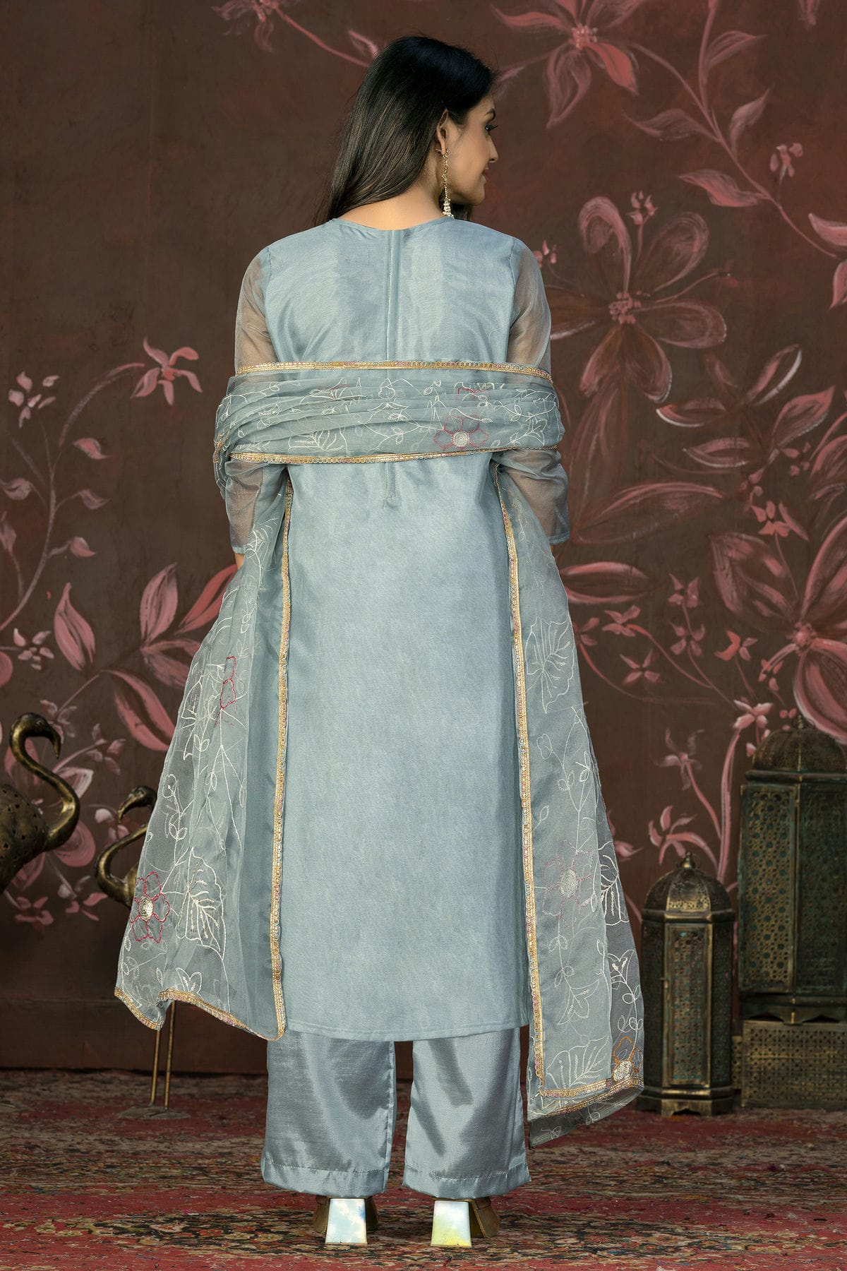 Slate Blue Colour Unstitched Organza Jacquard Straight Suit VSUS1161323