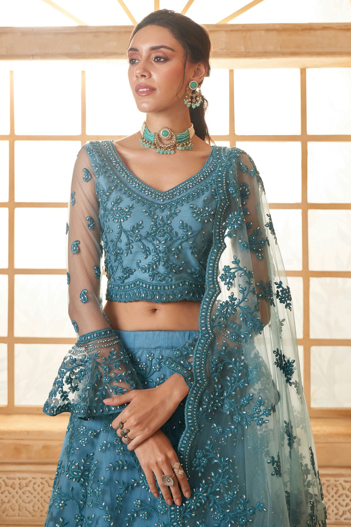 Slate Blue Embroidery Net and SilK Lehenga Choli VSLC1290148