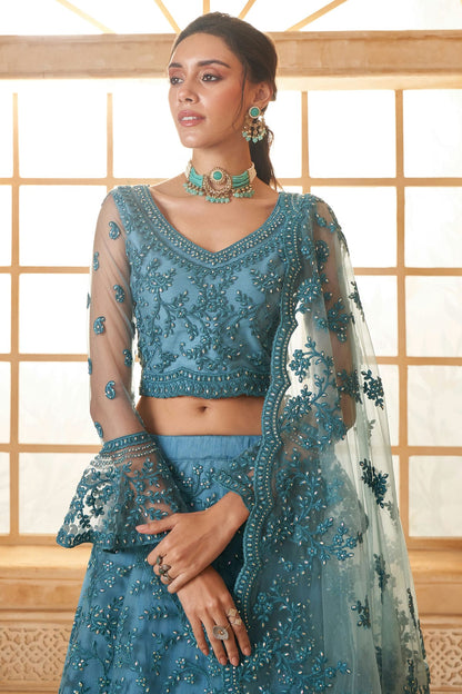 Slate Blue Embroidery Net and SilK Lehenga Choli VSLC1290148