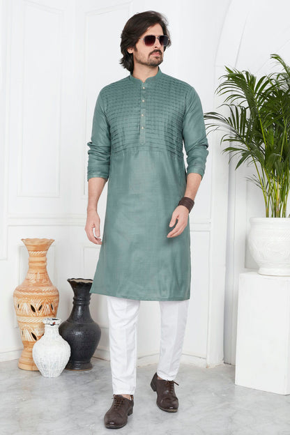Slate Green Colour Linen Cotton Pintex Work Kurta Pajama VSKP1230127