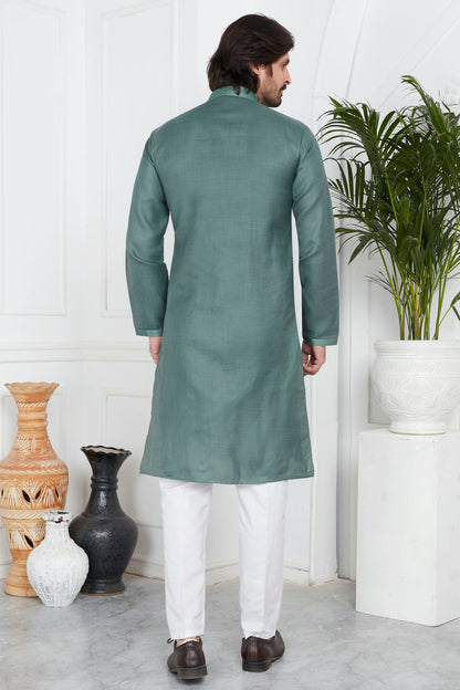 Slate Green Colour Linen Cotton Pintex Work Kurta Pajama VSKP1230127