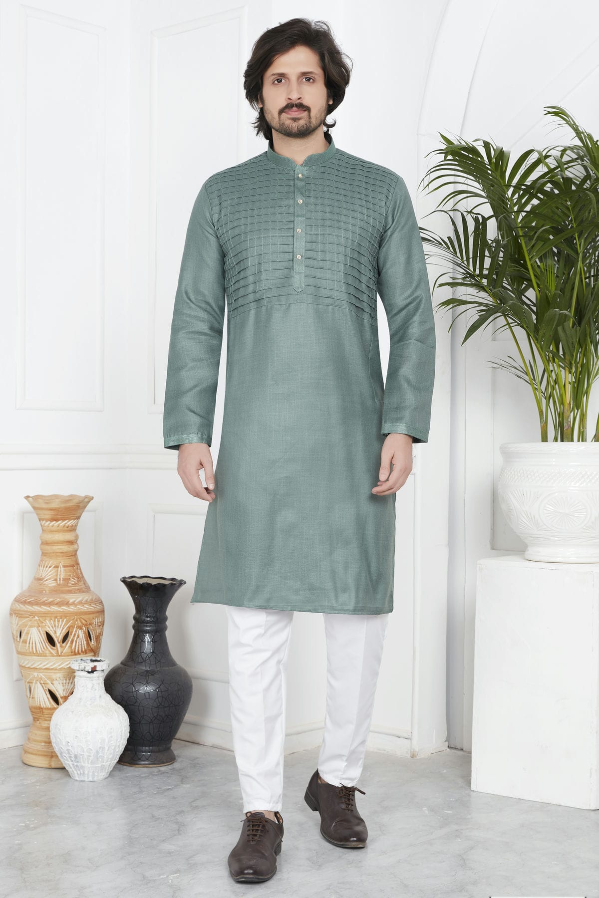 Slate Green Colour Linen Cotton Pintex Work Kurta Pajama
