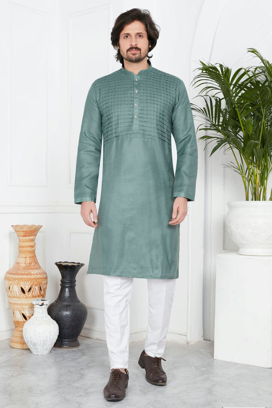 Slate Green Colour Linen Cotton Pintex Work Kurta Pajama