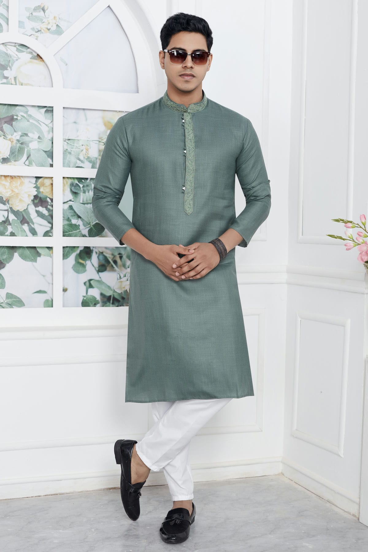 Slate Green Colour Linen Cotton Thread Work Kurta Pajama VSKP1230137