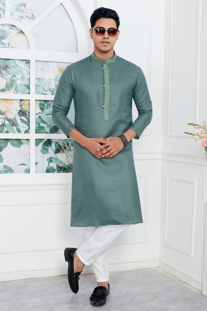 Slate Green Colour Linen Cotton Thread Work Kurta Pajama VSKP1230137