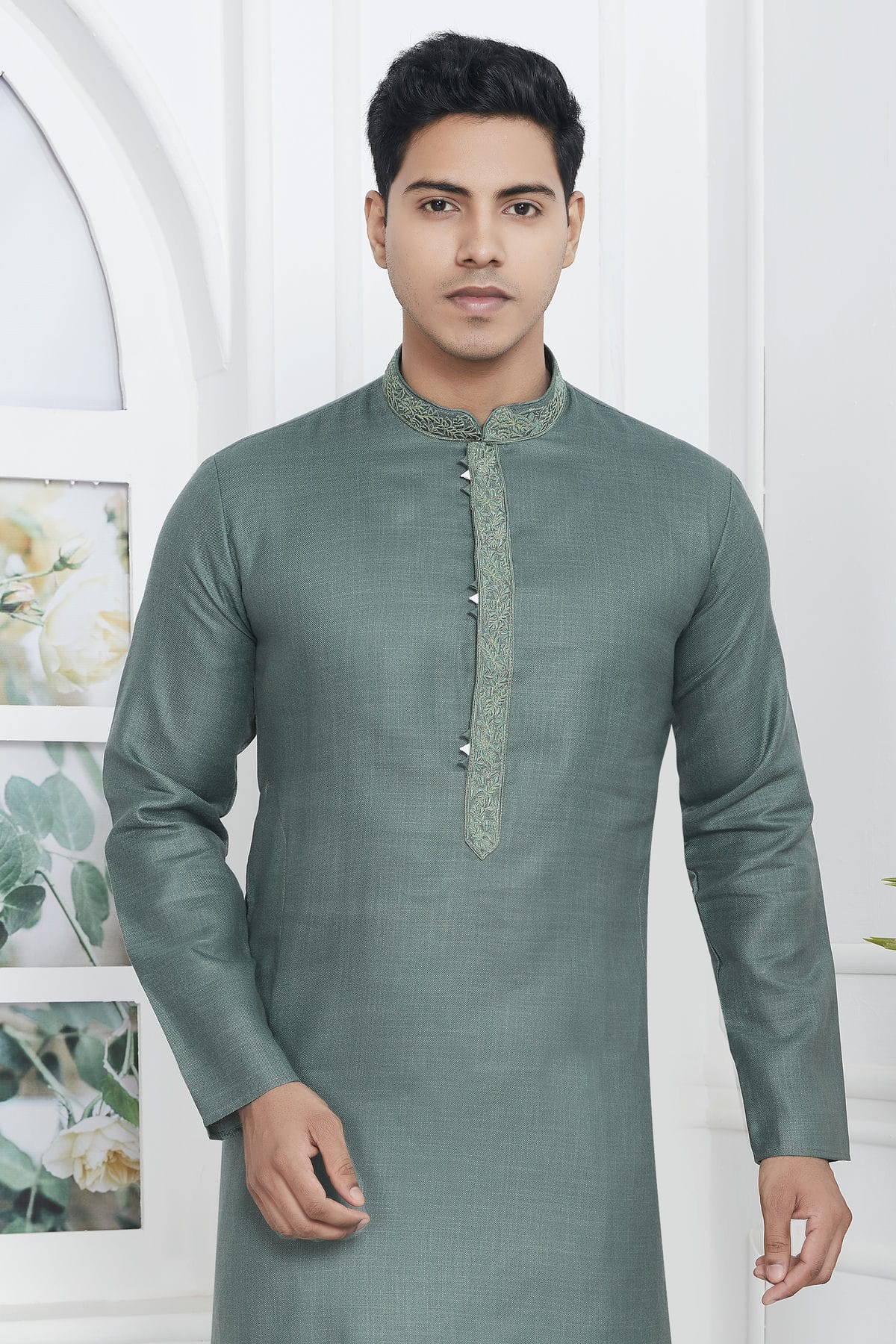 Slate Green Colour Linen Cotton Thread Work Kurta Pajama VSKP1230137