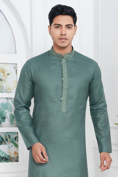 Slate Green Colour Linen Cotton Thread Work Kurta Pajama VSKP1230137