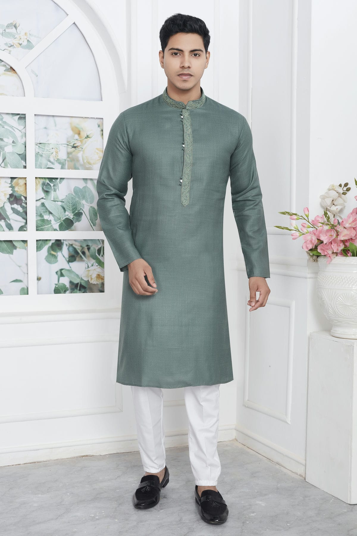 Slate Green Colour Linen Cotton Thread Work Kurta Pajama