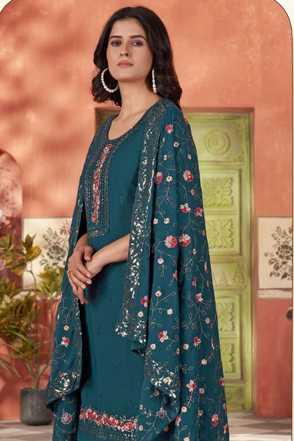 Teal Blue Colour Embroidery Georgette Stitched Suit