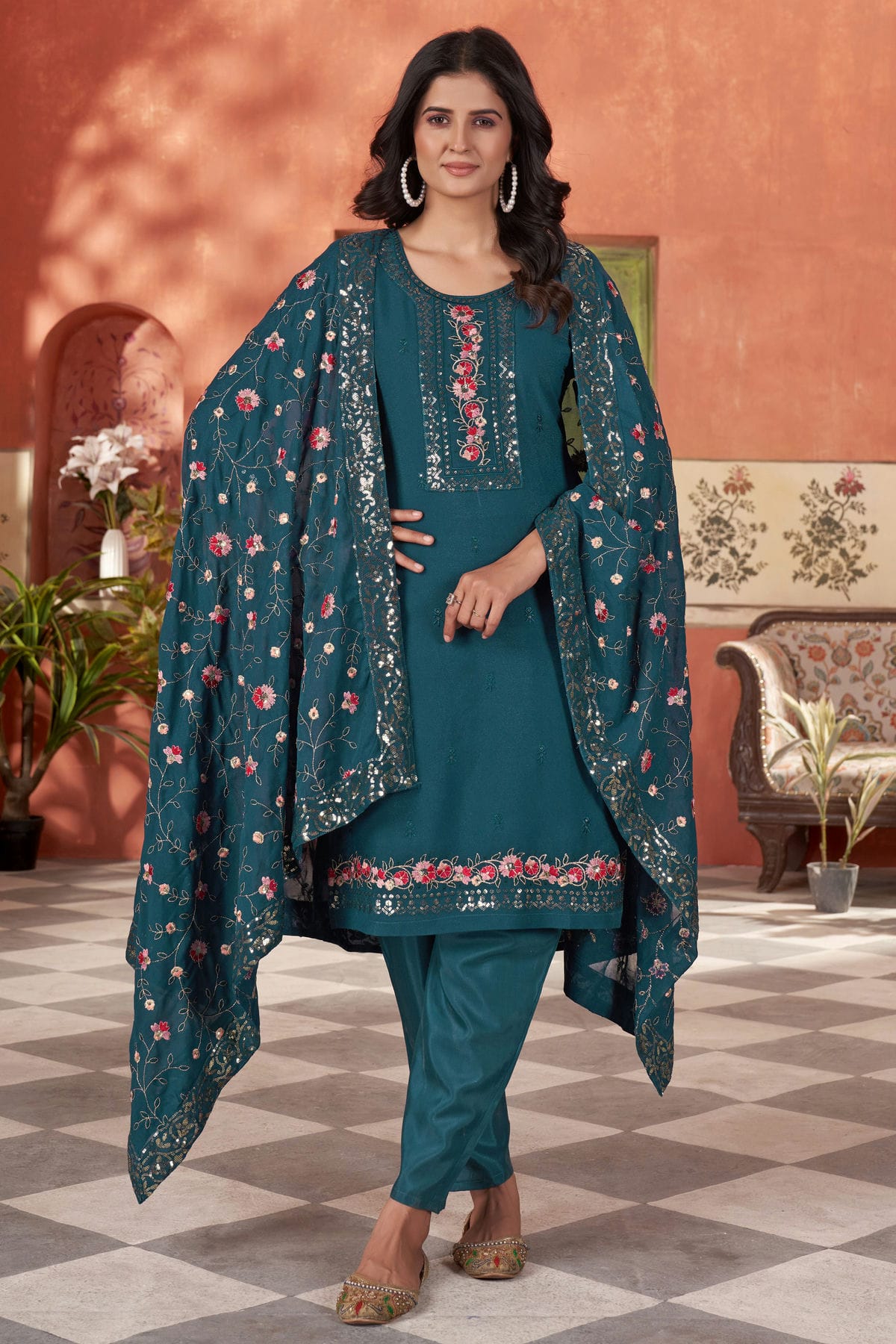 Teal-Blue-Colour-Embroidery-Georgette-Stitched-Suit-VSSS1112504