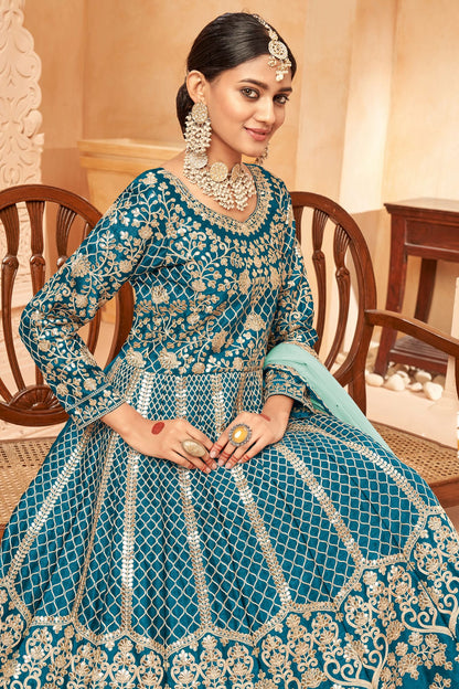 Teal Blue Colour Semi Stitched Art Silk Anarkali Suit VSSM1050405