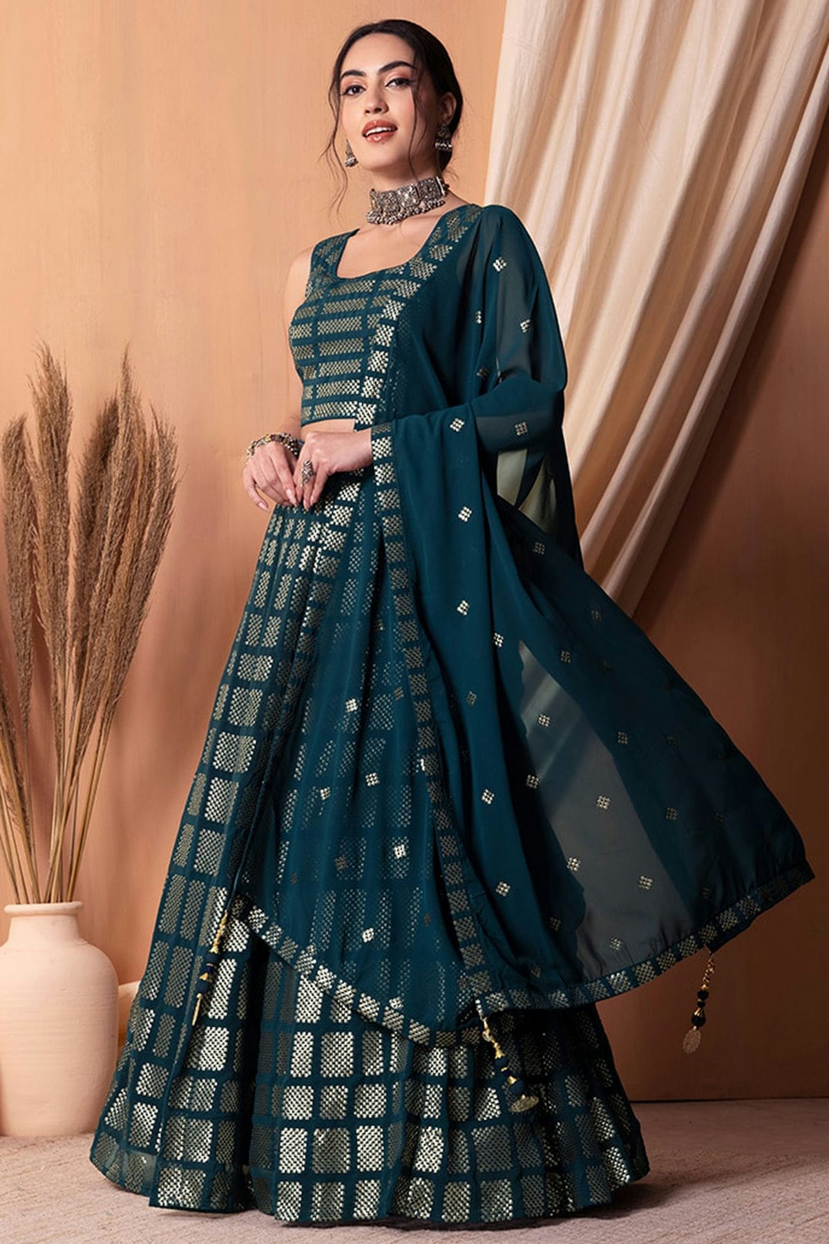 Teal Blue Colour Semi Stitched Georgette Lehenga Choli