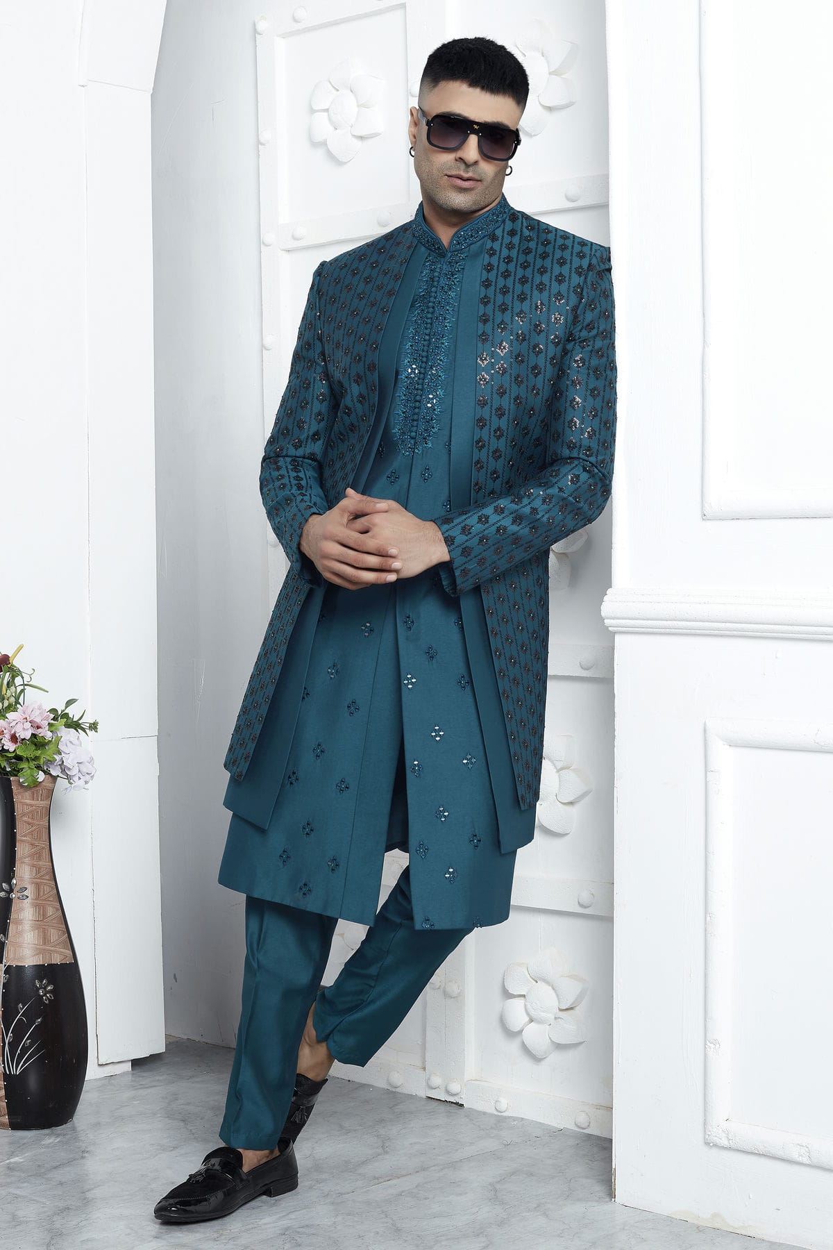 Teal Colour Art Silk Indowestern Sherwani With Aligadhi Pant VSSH1230015