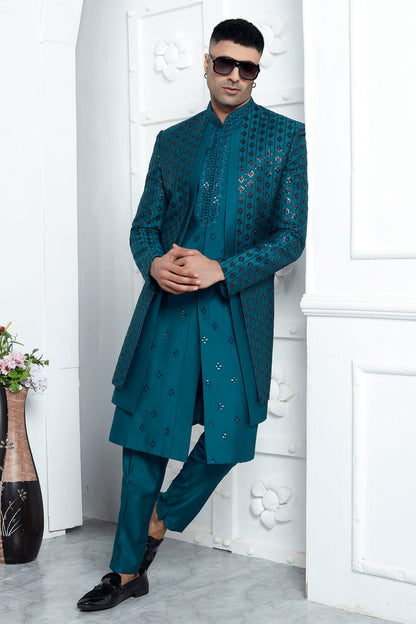 Teal Colour Art Silk Indowestern Sherwani With Aligadhi Pant VSSH1230015