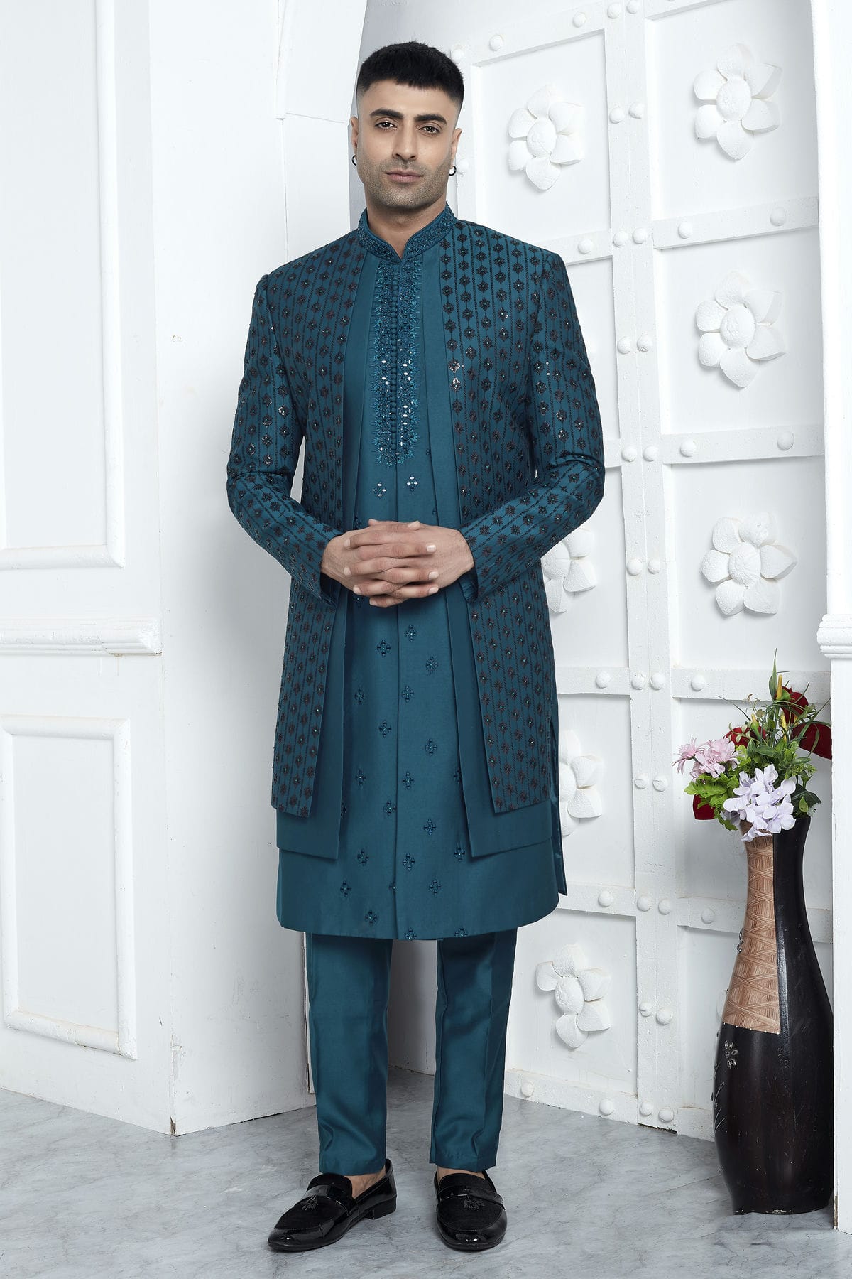 Teal Colour Art Silk Indowestern Sherwani With Aligadhi Pant