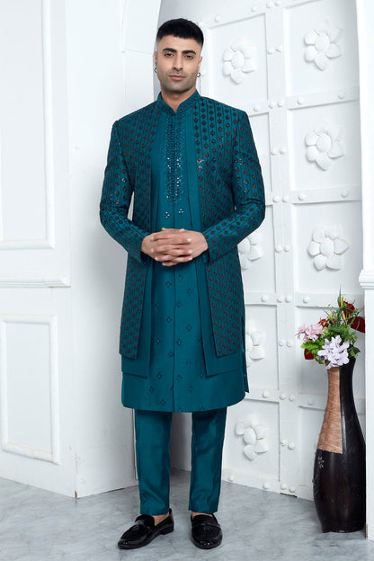 Teal Colour Art Silk Indowestern Sherwani With Aligadhi Pant