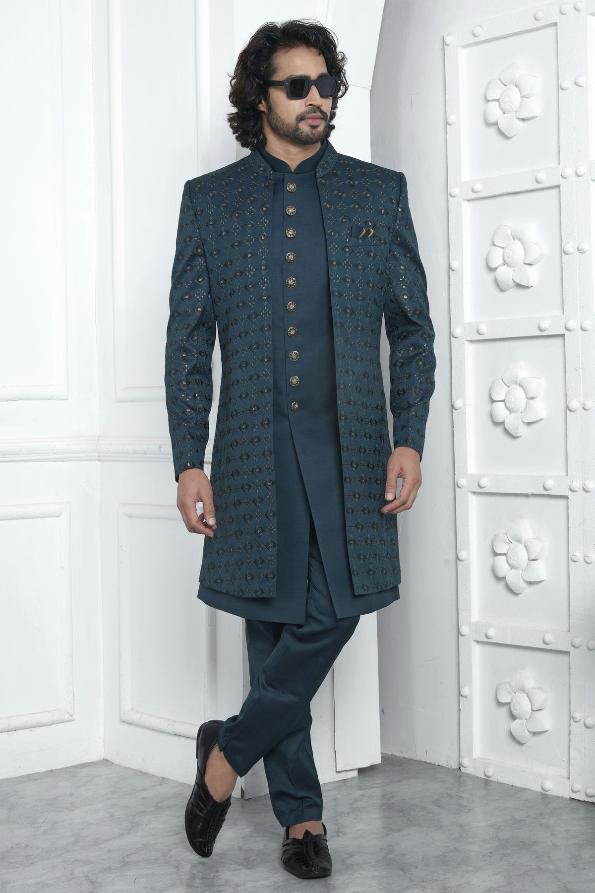 Teal Colour Art Silk Indowestern Sherwani With Aligadhi Pant VSSH1230020