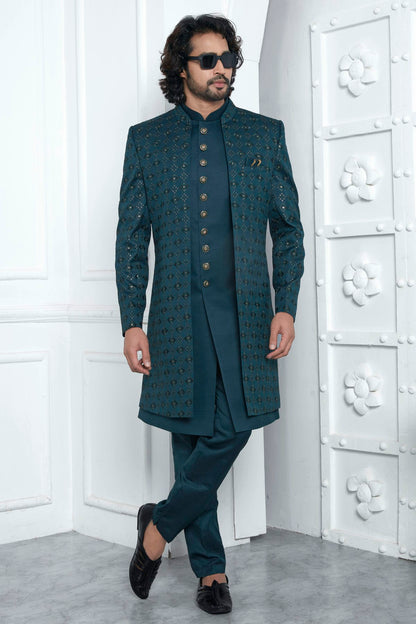 Teal Colour Art Silk Indowestern Sherwani With Aligadhi Pant VSSH1230020