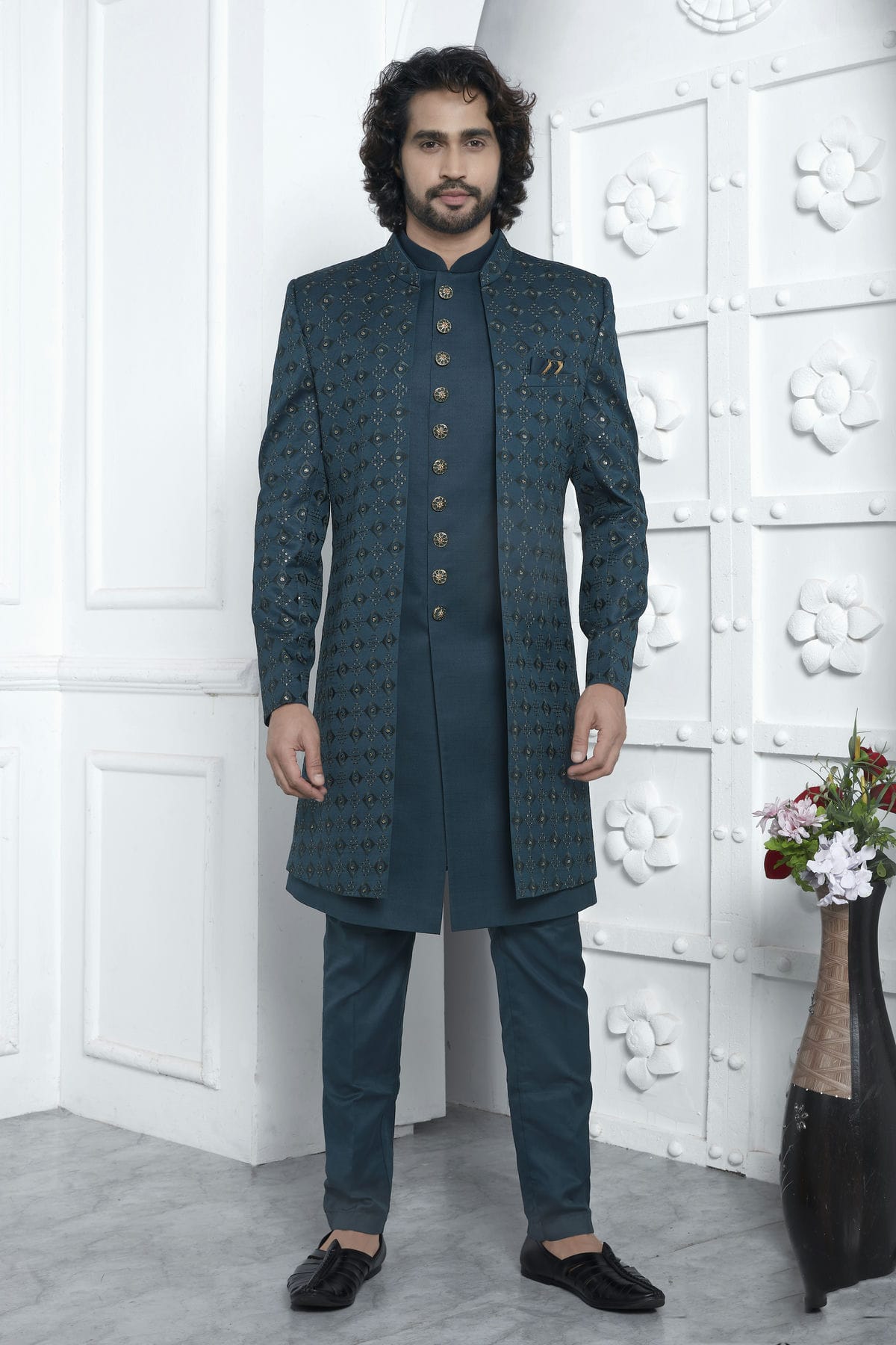 Teal Colour Art Silk Indowestern Sherwani With Aligadhi Pant