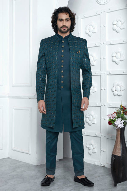 Teal Colour Art Silk Indowestern Sherwani With Aligadhi Pant