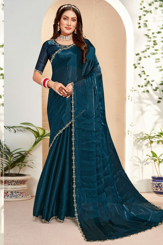 Teal Colour Burberry Silk Designer Saree