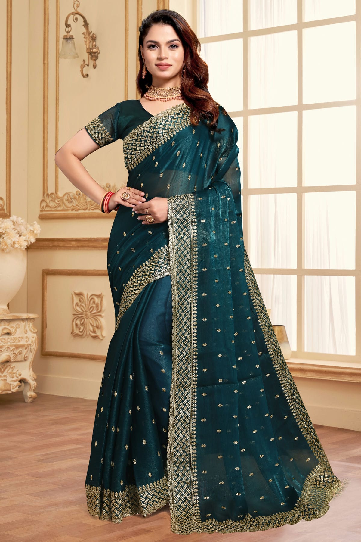 Teal Colour Burberry Silk Designer Saree
